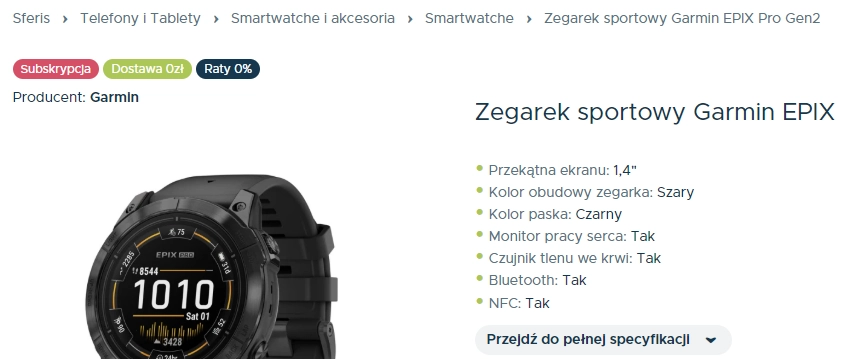 Breadcrumbs ułatwiające nawigację i sprzyjające pozycjonowaniu oraz dobrze widoczne informacje marketingowe w internetowym sklepie Sferis