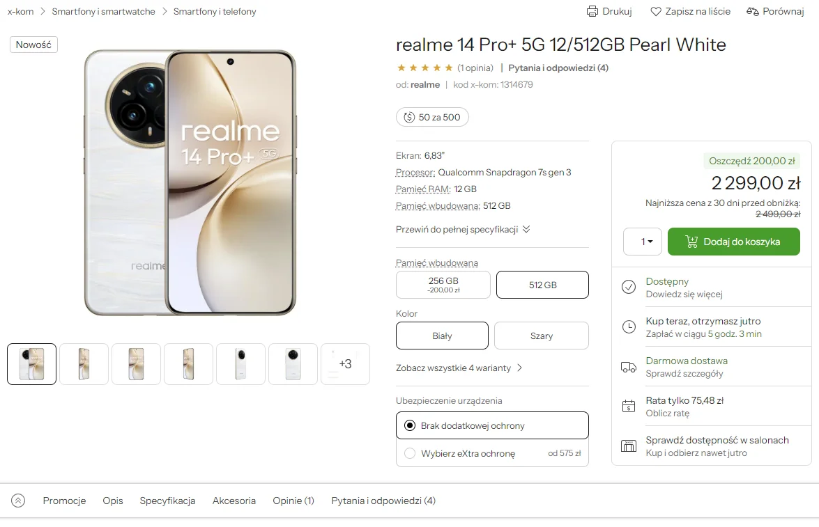 Przejrzysty, uporządkowany pierwszy widok (AtF - Above the Fold) strony produktowej w sklepie x-kom