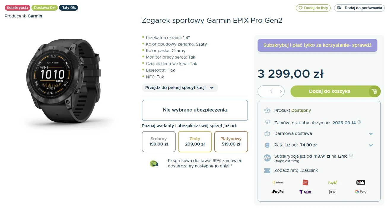 Przejrzysty pierwszy widok (AtF – above the fold) strony produktu w sklepie internetowym Sferis